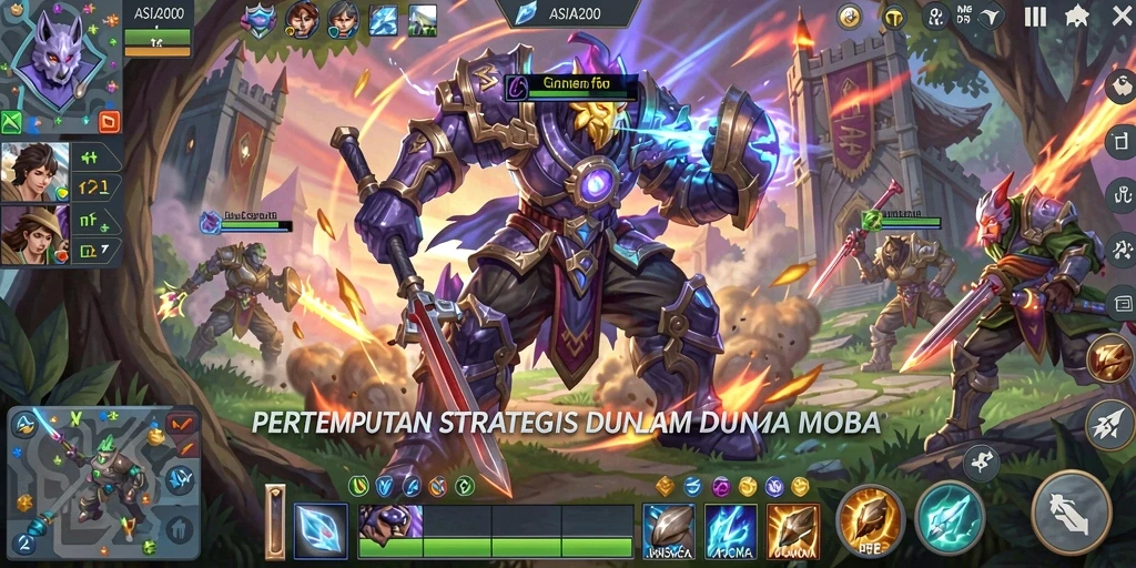 Screenshot ASIA200 menampilkan aksi pertempuran seru dalam game MOBA.