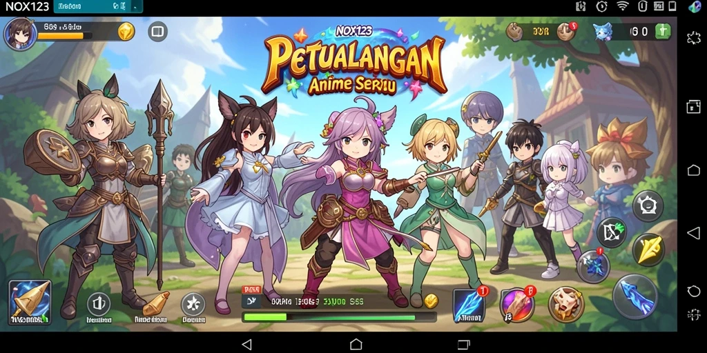 Tangkapan layar gameplay NOX123 menunjukkan pertarungan epik dan karakter Anime yang menarik.