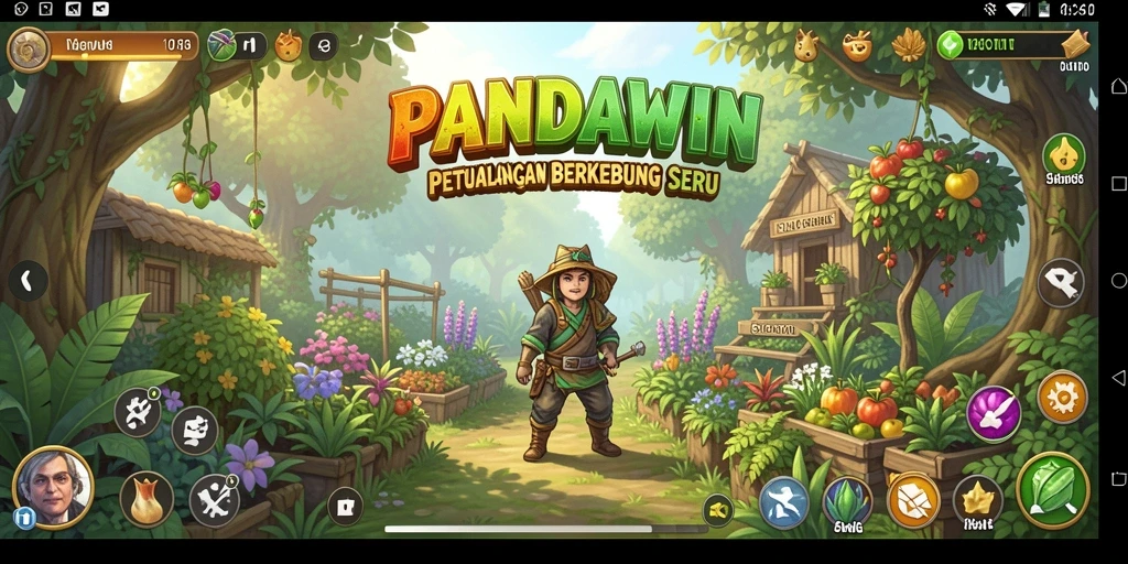 Screenshot gameplay PANDAWIN menampilkan ladang hijau subur dengan tanaman yang siap dipanen.