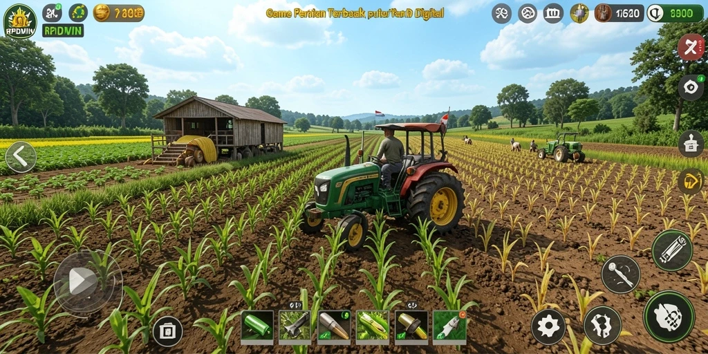 Screenshot gameplay RPIDWIN menampilkan pertanian yang indah dan dinamis.