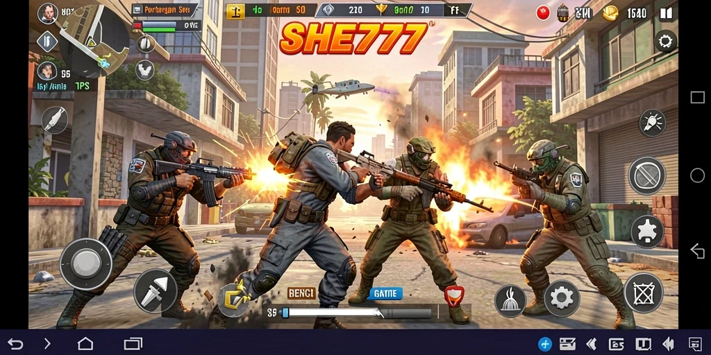 Screenshot gameplay SHE777 menampilkan aksi pertempuran intens.
